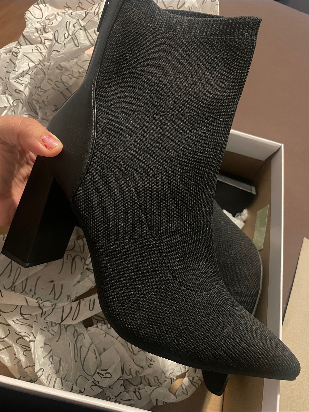 Women's Black Knit Pointed Toe Ankle Boots - Stylish Block Heel